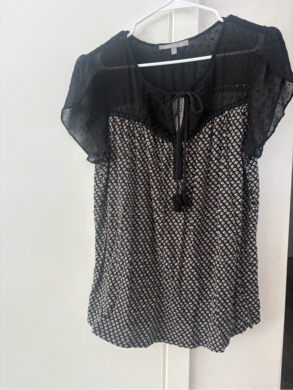 Black Patterned Sheer Peasant Top Large